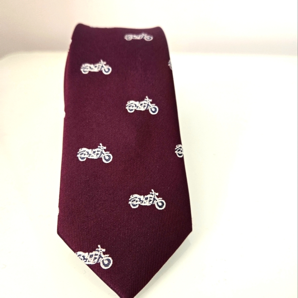 Men's Burgundy Motorcycle Pattern Silk Skinny Tie